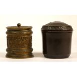 A Bakelite tobacco jar, with embossed leaf decoration, 11cm and an embossed brass example with