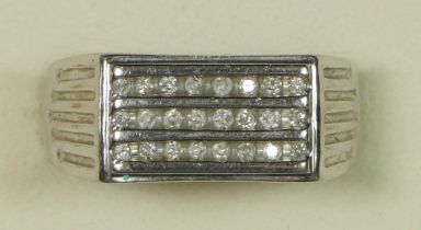 A 9ct white gold brilliant cut diamond three row panel ring, U 1/2, 5gm