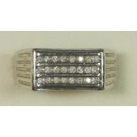 A 9ct white gold brilliant cut diamond three row panel ring, U 1/2, 5gm