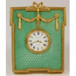 Kitney & Co, London, a gilt brass & green enamel faberge style easel desk quartz clock - 10cm, case.