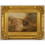 19th century English School, cattle in a river, oil on canvas, indistinctly signed, 17 x 24cm.