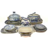 A collection of early 19th century predominantly Yorkshire, blue and white transfer printed willow