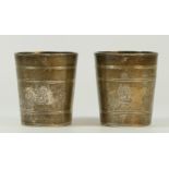 A George III silver pair of tapering beakers, by John Eames, London 1818, with line engraved