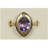 A 9ct rose gold and amethyst dress ring, milligrain collet set with a mixed cut stone, Q, 3.5gm