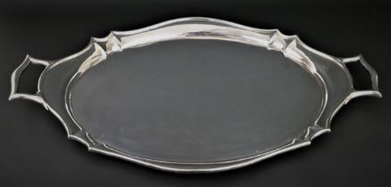 An oval silver two handled tray, by Roberts & Belk, Sheffield 1925, with wavy border, 67 x 42cm,