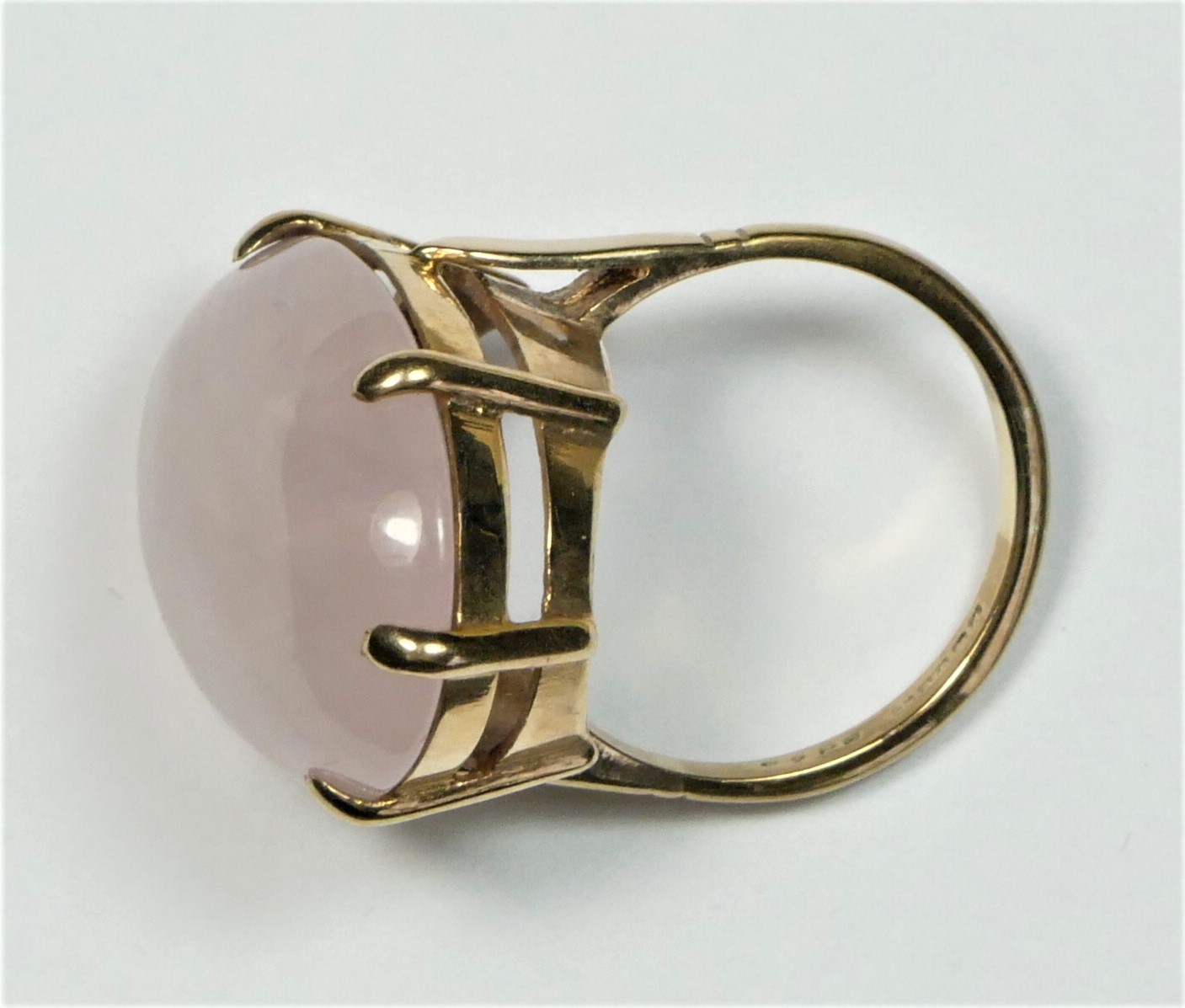 A 9ct rose gold vintage rose quartz dress ring, Birmingham 1975, claw set with a cabochon stone, - Image 2 of 2