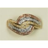 A 9ct three colour gold and diamond dress ring, V, 3gm