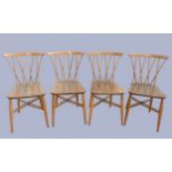 A set of four Ercol beech and elm candlestick chairs, c.1960s, model 376, having crossed spindle