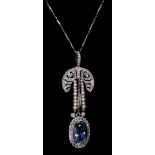 A Belle Epoch aquamarine, pearl and diamond pendant, probably platinum, c.1910-15, milligrain collet