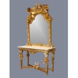 An Italian Baroque style gilt resin and wood mirrored console table, the mirror with musical