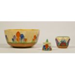 Clarice Cliff, a Crocus pattern octagonal bowl, 19cm, a salt pot with cover and a Gayday pattern