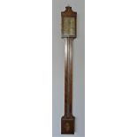 Bentley of Thirsk, a George III mahogany stick barometer, with satinwood and harewood shell and