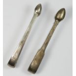 A George III silver bright cut pair of sugar tongs, London 1795 and fiddle pattern pair, London