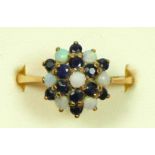 A 9ct gold sapphire and opal cluster ring, N 1/2, 2.6gm