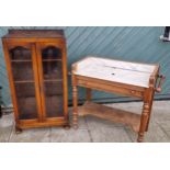 A marble topped oak washstand, 90 x 43cm and an oak display cupboard, 30 x 26 cm. (2)