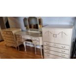 A White painted bedroom suite with gilt decoration comprising of a kidney shaped dressing table with