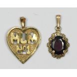 A 9ct gold and garnet set pendant, chain, together with a 9ct gold MUM No1 pendant, 3.5gm