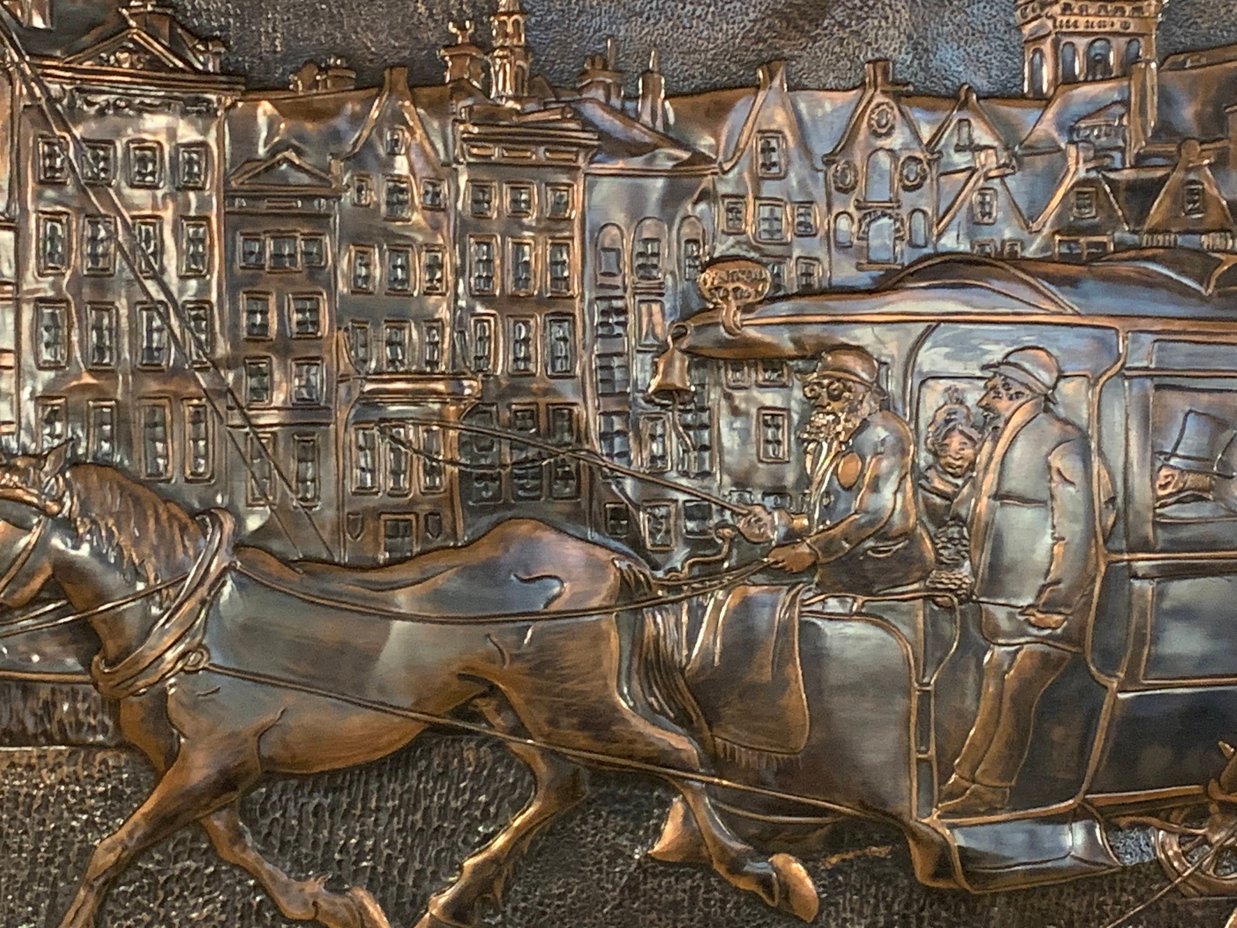 Brass relief wall art, depicting a early 20th century Amsterdam, carved wood frame, 101cm x 70cm x - Image 2 of 2