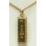 A 9ct gold ingot pendant, Sheffield 1977, chain, 9.7gm