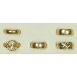Three 9ct gold wedding bands and two 9ct gold dress rings,