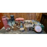 A John Kerr & Co fire extinguisher, a metal letter box, various old bottles and stoneware jars and