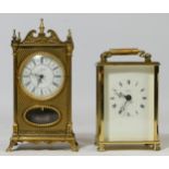 A brass 8 day carriage clock, white dial with Roman numerals, signed Dominion, movement marked I