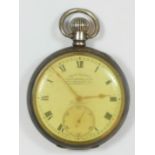 A keyless wind open face pocket watch, retailed by John Elkan, "Colonial", Birmingham 1920, movement