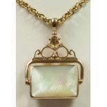 A 9ct rose gold swivel fob, with mother of pearl and agate, to a belcher link chain, chain weighs