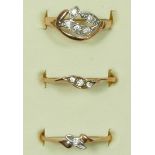 Three unmarked 14k rose gold and white stone rings, J and O x 2, 3.1gm