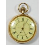 A Victorian 18ct gold keyless wind open face stop second chronograph pocket watch, Birmingham
