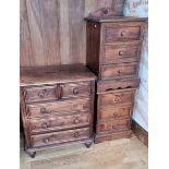 A dark waxed stained pine chest of two over three drawers, 72 x 50 x 79cm, together with two bedside