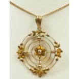 An Edwardian 9ct rose gold floral pendant, cahin, 9ct tab, 3.8gm