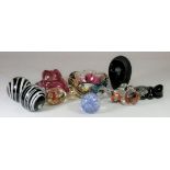 Seven unsigned paperweights, two in the form of birds, together with three pieces of art glass,