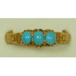 A Victorian 15ct gold and three stone turquoise ring, carved shoulders, T, 2.7gm