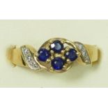 A 9ct gold sapphire and diamond ring, M, 2.3gm