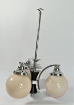 An Art Deco period 3 branch chandelier, chrome with pink globe opaque glass shades. (re-wired to