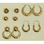 Five pairs of 9ct gold ear rings, 7.9gm