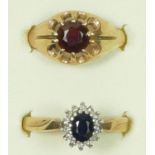 A 9ct gold garnet set ring, L 1/2 and a 9ct gold sapphire and diamond cluster ring, M, 5.5gm