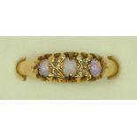 An 18ct gold three stone opal and rose diamond point ring, Birmingham 1918, R 1/2, 3.2gm