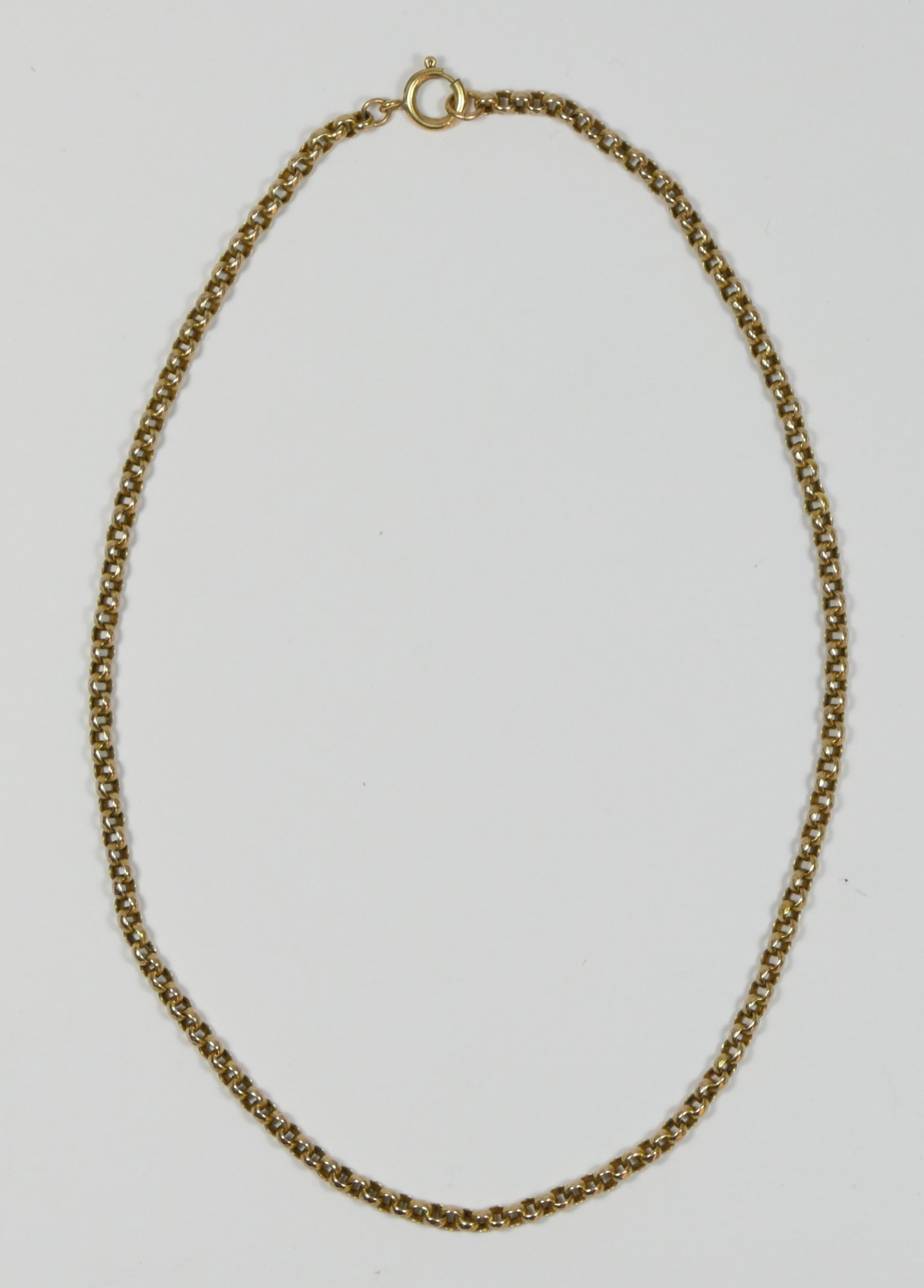 A Victorian unmarked 9ct rose gold facetted belcher link chain, 40cm, 11.5gm