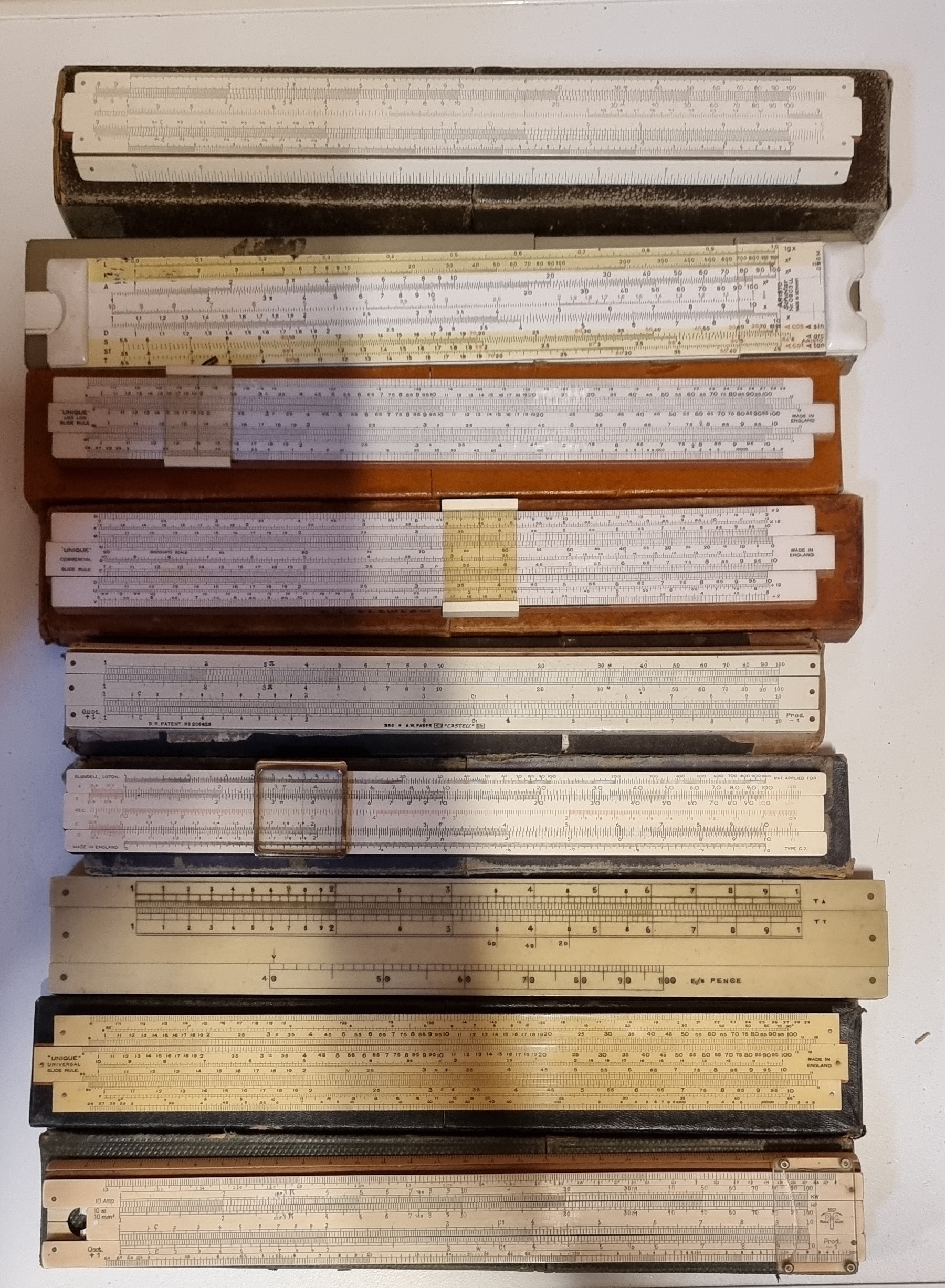 Ten slide rules, dating from the 1950s, to include The"Unique" Log-Log, an A. W. Faber Castell, - Image 2 of 2