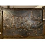 Brass relief wall art, depicting a early 20th century Amsterdam, carved wood frame, 101cm x 70cm x