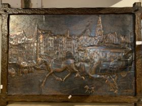 Brass relief wall art, depicting a early 20th century Amsterdam, carved wood frame, 101cm x 70cm x