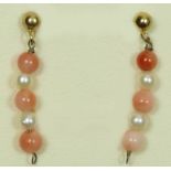 A pair of 9ct gold, coral and cultured pearl ear rings