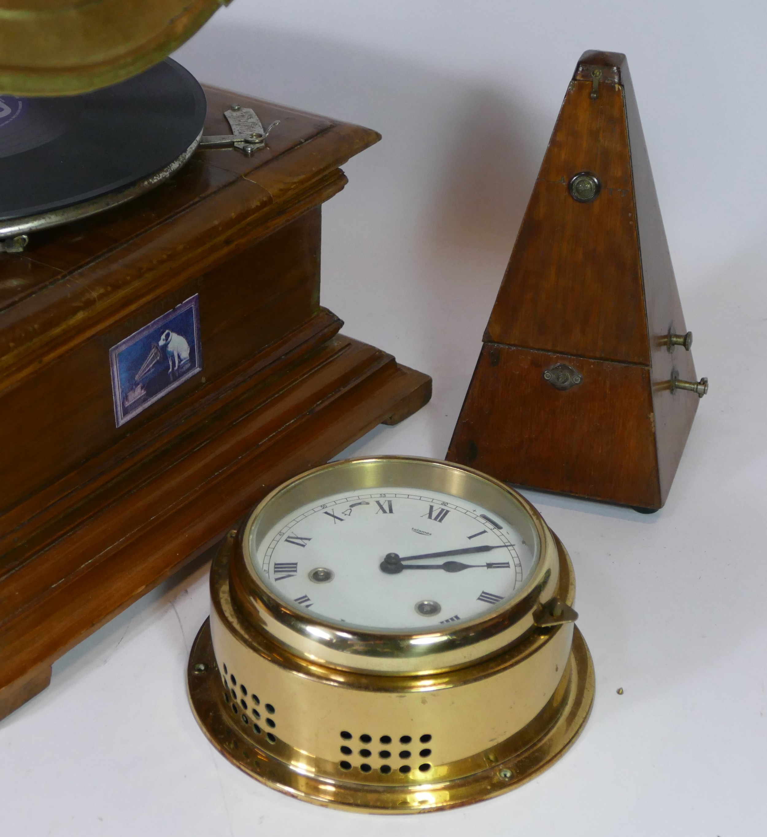 A reproduction His Masters Voice gramophone, together with a metronome and a Talamex ships bulk head - Image 2 of 2