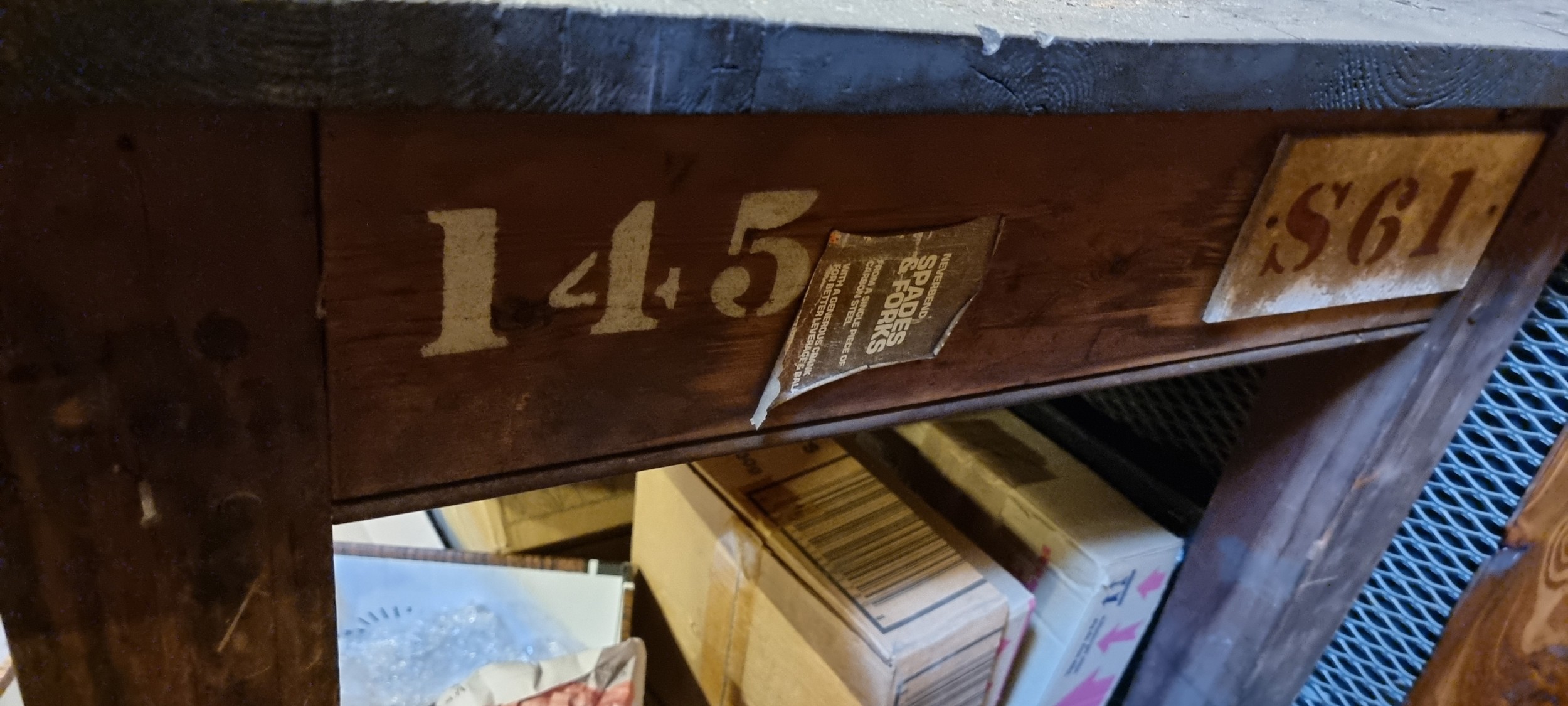 An Industrial pitch pine work table, with off centre frieze drawer and stenciled 145 and S61, oil - Image 2 of 2