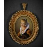 An Italian 18ct gold portrait miniature locket/brooch, London import 1969, depicting a lady in