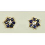 A pair of 9ct gold blue and white sapphire ear studs, 8mm, 2.4gm