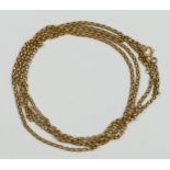 A Victorian unmarked 9ct gold facetted belcher link chain, later clasp, 86cm, 7.6gm