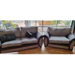 Sofa and armchair, nearly new grey, leatherette and fabric two seater, 214 x 90 x 90cm and